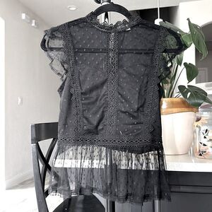 Haute Monde Black Embroidered Lace Short Sleeves Ruffled High Neck S Retro Sheer